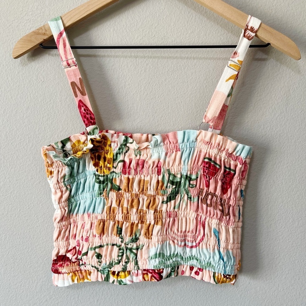 Paper Heart Linen-Blend Colorful Fruit Print Smocked Cropped Tank Top Medium NEW - Picture 4 of 8